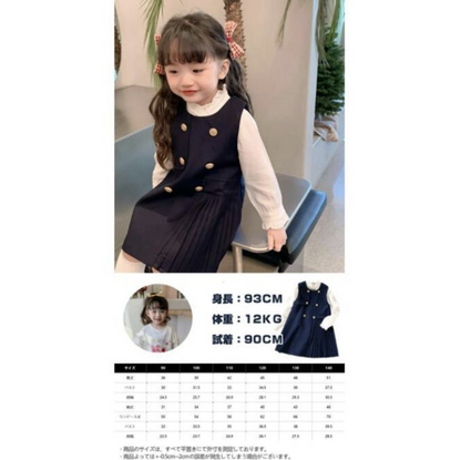 ワンピース 子供 フォーマル 2点セット 女の子 ベビー服 入学式 卒園式 入園式 ベビードレス キッズ 長袖 白襟 こども服 シャツ ブラウス ネイビー セットアップ 90 発表会 冠婚葬祭 礼服 入園式 卒園式 通園 通学