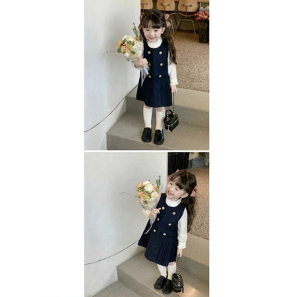 ワンピース 子供 フォーマル 2点セット 女の子 ベビー服 入学式 卒園式 入園式 ベビードレス キッズ 長袖 白襟 こども服 シャツ ブラウス ネイビー セットアップ 90 発表会 冠婚葬祭 礼服 入園式 卒園式 通園 通学