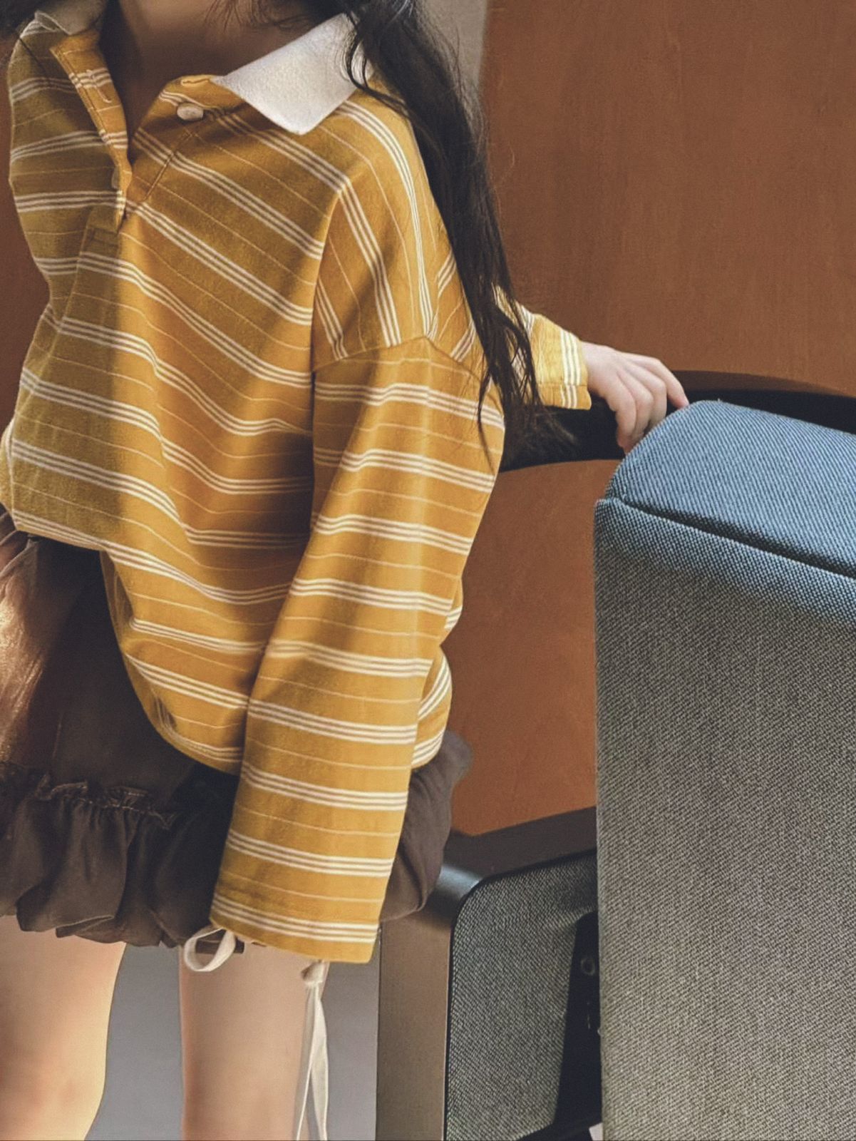 キッズ イエローロンT 薄手 長袖 Ｔシャツ 襟付き 韓国子供服 海外子供服 90 100 110 120 130 女の子 男の子 おしゃれ お出かけ子供服