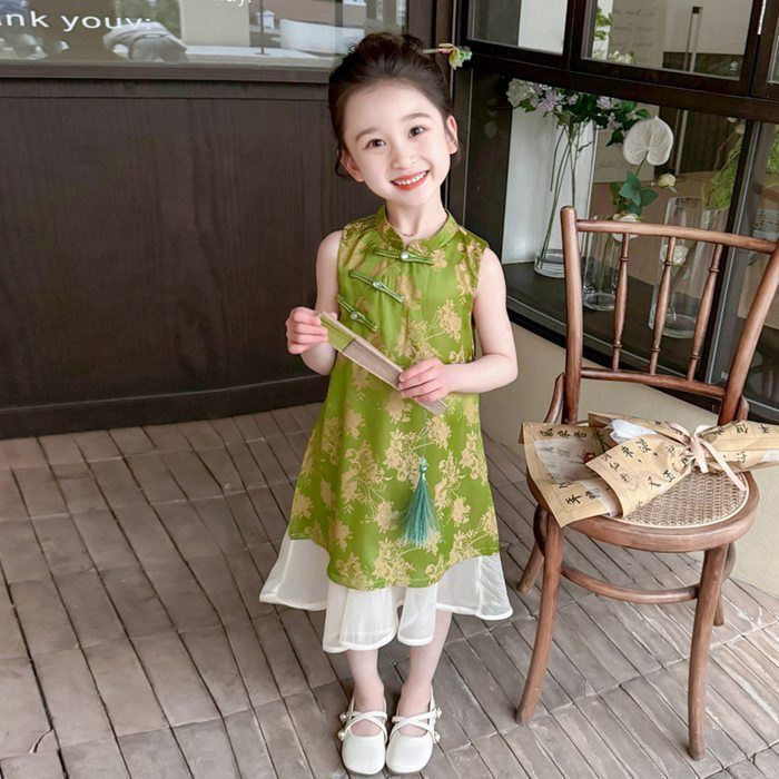 ワンピース 子供服 ノースリーブ裾 子供服 女の子 チュール 中華風ワンピース ドレス キッズ 女児 小学生 キッズ 可愛い おしゃれ カジュア