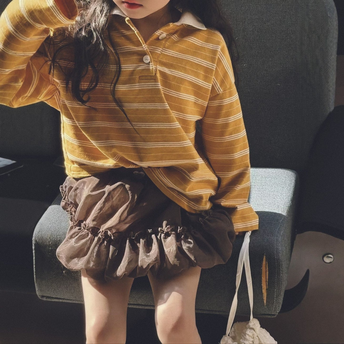 キッズ イエローロンT 薄手 長袖 Ｔシャツ 襟付き 韓国子供服 海外子供服 90 100 110 120 130 女の子 男の子 おしゃれ お出かけ子供服